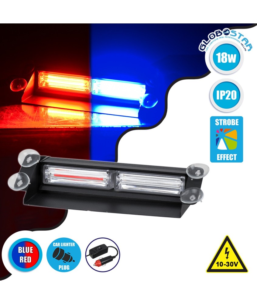 GloboStar® 85117 PRO Series Μπάρα Σήμανσης με Βεντούζες για Παρμπρίζ Οχήματος Αστυνομίας για Αυτοκίνητα & Φορτηγά 13 Προγραμμάτων Φωτισμού LED CREE CXB COB 18W DC 10-30V IP20 Κόκκινο & Μπλε